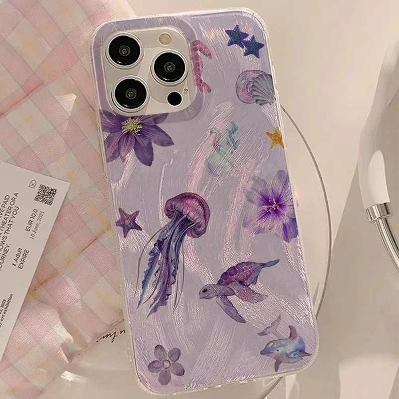 Ocean Unique Purple Jellyfish & Starfish Pattern Phone Case For iPhone