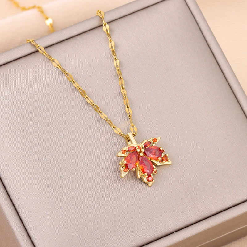 Gold-plated Red Maple Leaf Pendant Necklace