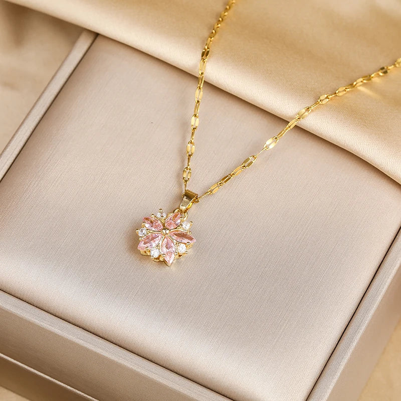 Gold-plated Pink Sakura Pendant Necklaces