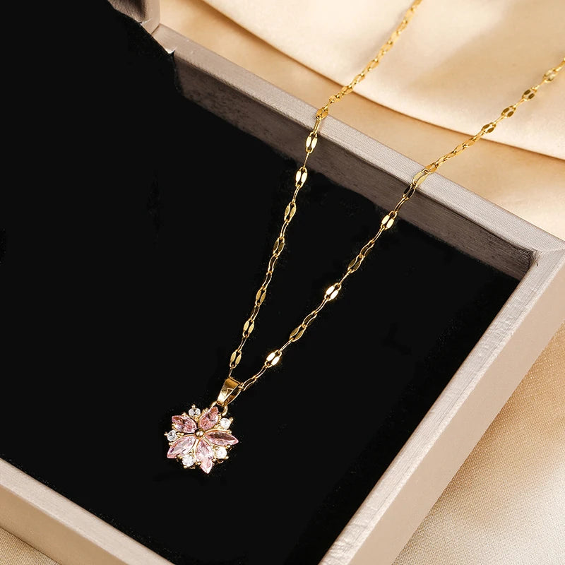 Gold-plated Pink Sakura Pendant Necklaces