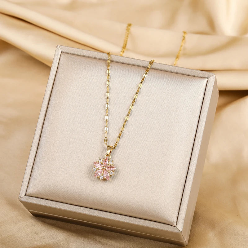 Gold-plated Pink Sakura Pendant Necklaces