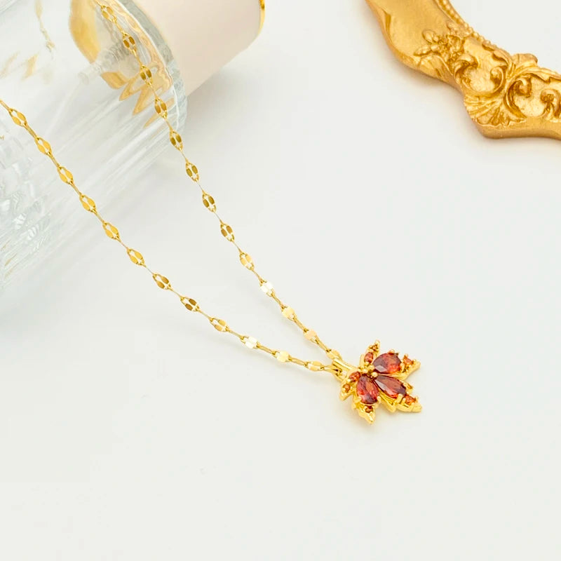 Gold-plated Red Maple Leaf Pendant Necklace