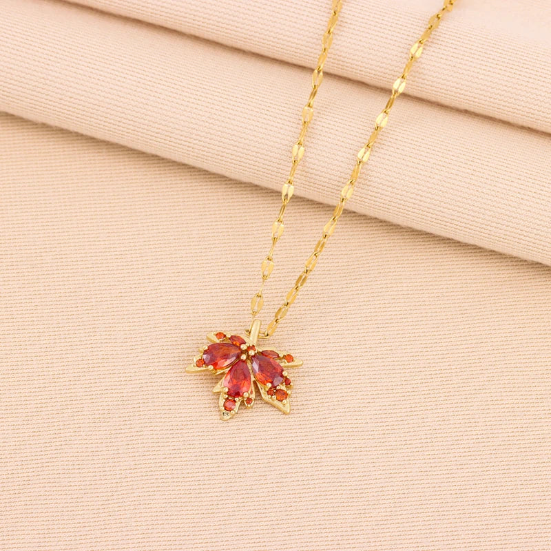 Gold-plated Red Maple Leaf Pendant Necklace