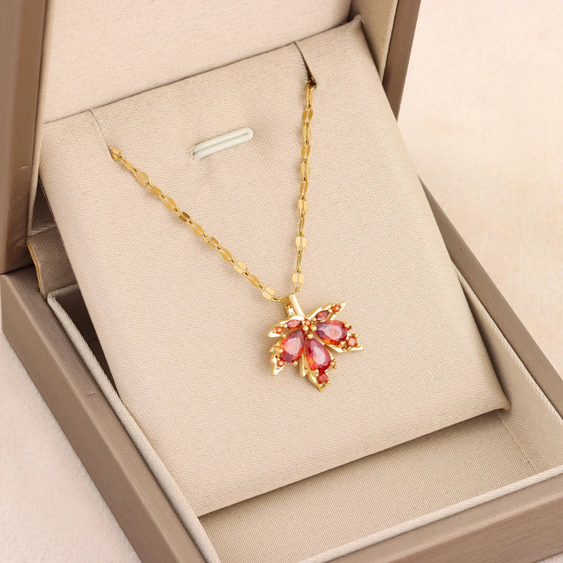 Gold-plated Red Maple Leaf Pendant Necklace