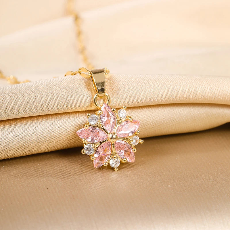 Gold-plated Pink Sakura Pendant Necklaces
