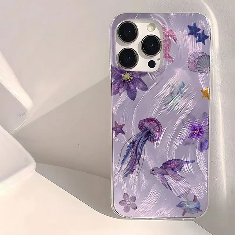 Ocean Unique Purple Jellyfish & Starfish Pattern Phone Case For iPhone