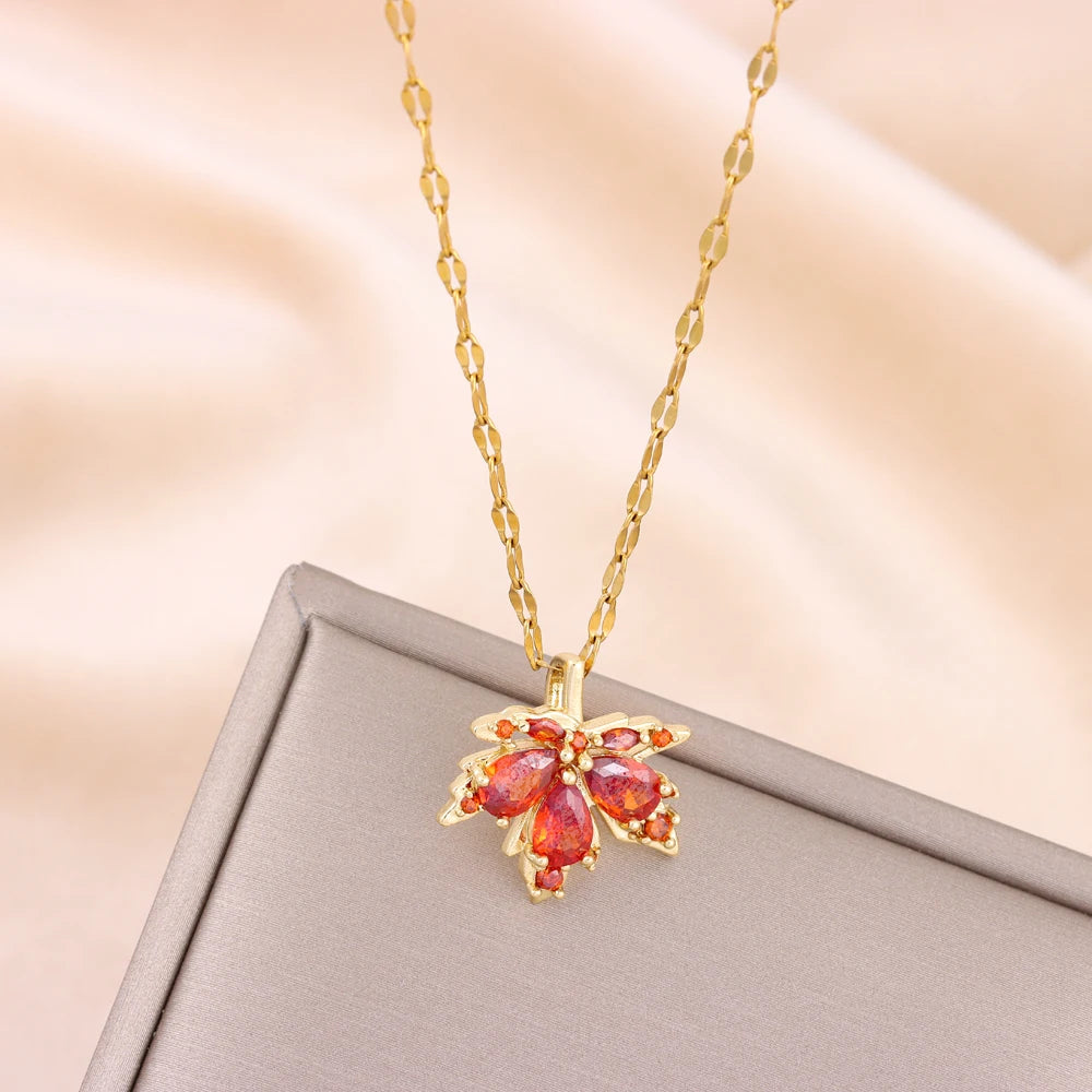 Gold-plated Red Maple Leaf Pendant Necklace